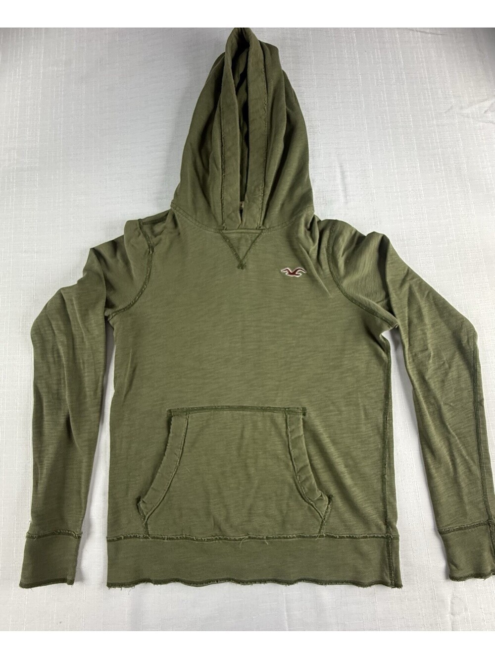 Hollister Hoodie Mens Medium Olive Green Pullover Cotton Raw Edge Seagull Logo